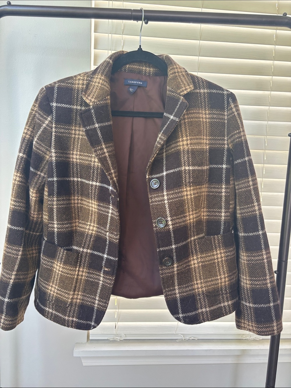 Lands' End Brown and Cream Plaid Wool-Blend Blazer